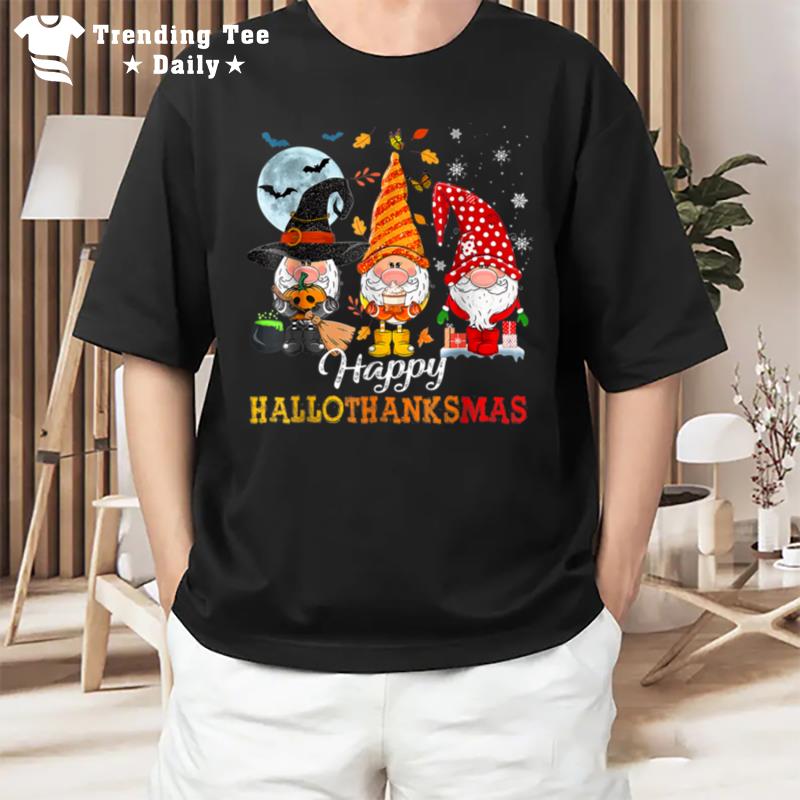 Three Gnomes Hallothanksmas Halloween Christmas Thanksgiving T-Shirt