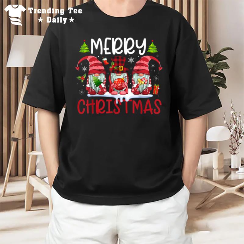 Three Gnomes Holding Merry Christmas Leopard Plaid Tree Xmas T-Shirt