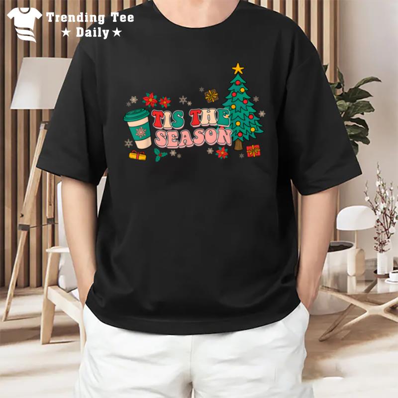 Tis The Season Groovy Christmas Hippie Hot Coffee Pine Tree T-Shirt