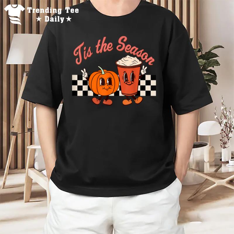 Tis The Season Pumpkin Spice Latte Retro Checkered T-Shirt