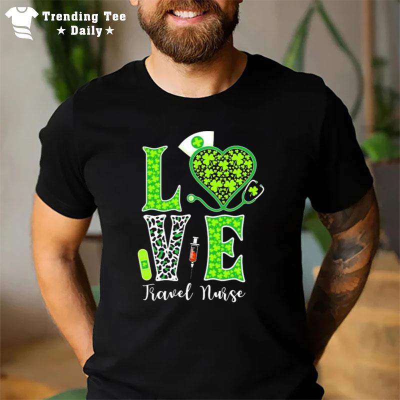 Travel Nurse Irish Shamrock Stethoscope Leopard Love Hear T-Shirt