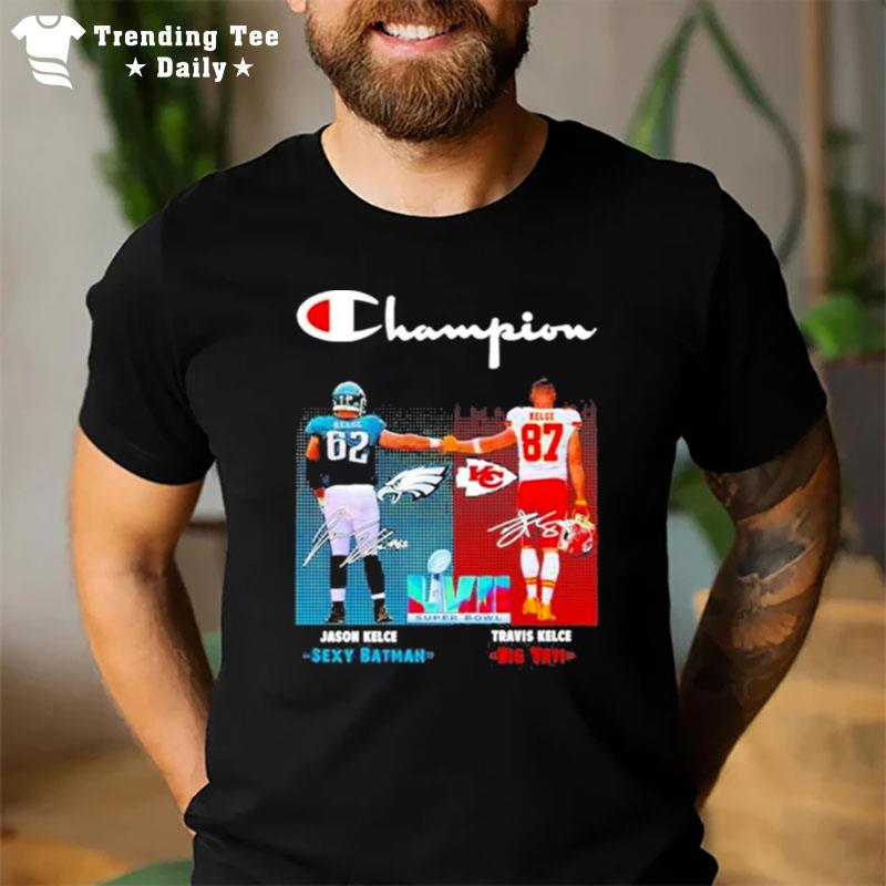 Travis Kelce Big Yeti And Jason Kelce Sexy Batman 2023 Champion Signatures T-Shirt