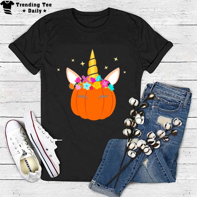 Unicorn Pumpkin Halloween Thanksgiving With Flowers T-Shirt