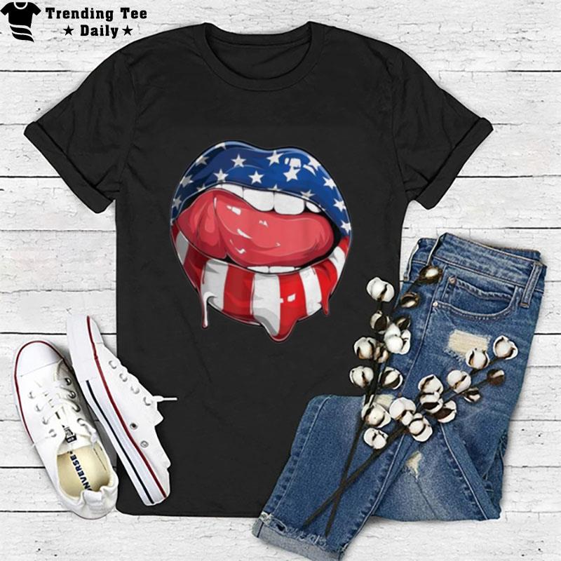 Usa Flag Dripping Lips 4Th Of July Patriotic American T-Shirt