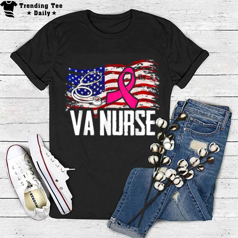 Va Nurse American Flag Breast Cancer Awareness T-Shirt