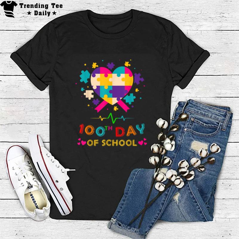 Valentines Day 100 Days Of School Teacher Autism Awareness T-Shirt