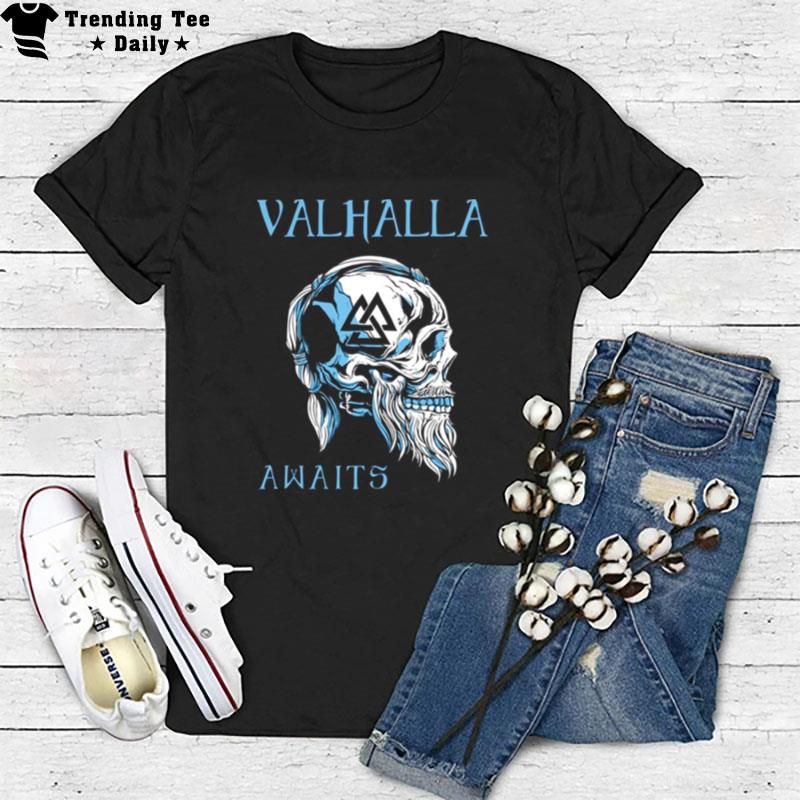 Valhalla Awaits Viking Skull Black And Blue Vikings Valhalla T-Shirt